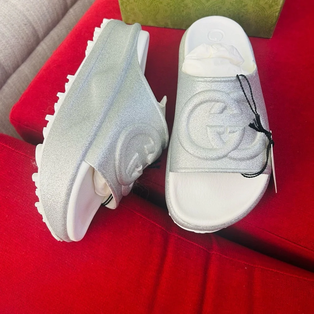 Gucci Silver Platform Slide Sandals
